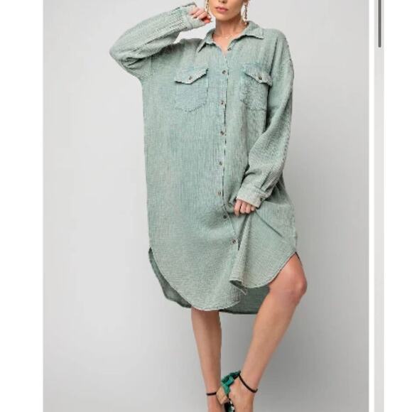 Easel Mineral Wash Sage Green Gauzy Oversized Shirt Dress Beachy Boho Casual M - Picture 1 of 16